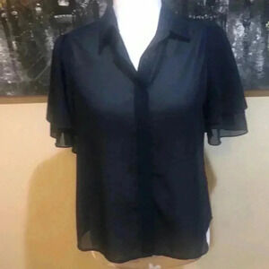 Sugar+Lips Navy Blue Sheer Short Layered Bell Sleeves Blouse-XS